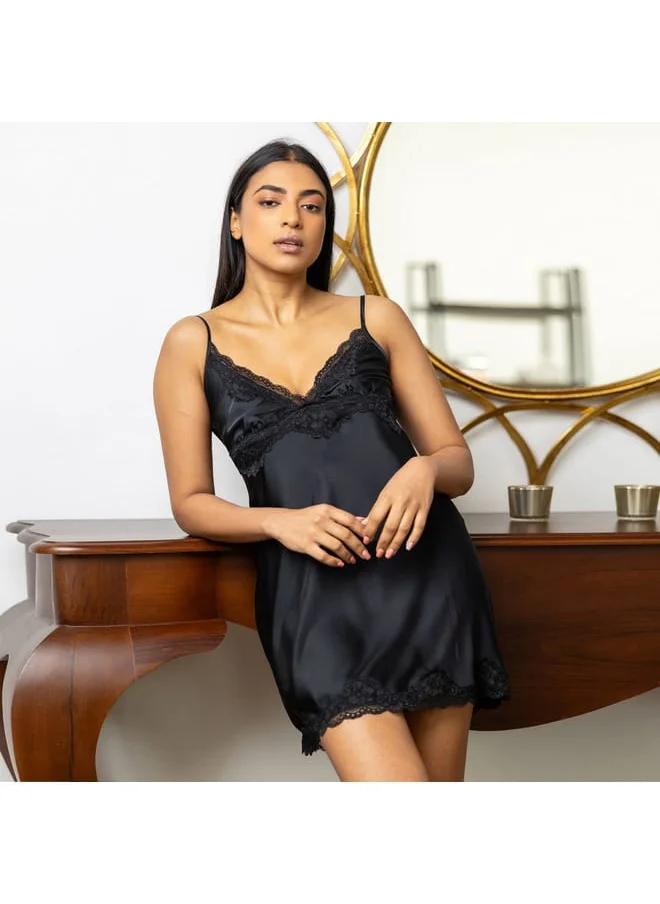 Aadaraya Aadaraya Sateen Chemise with Lace Detail and Adjustable Straps