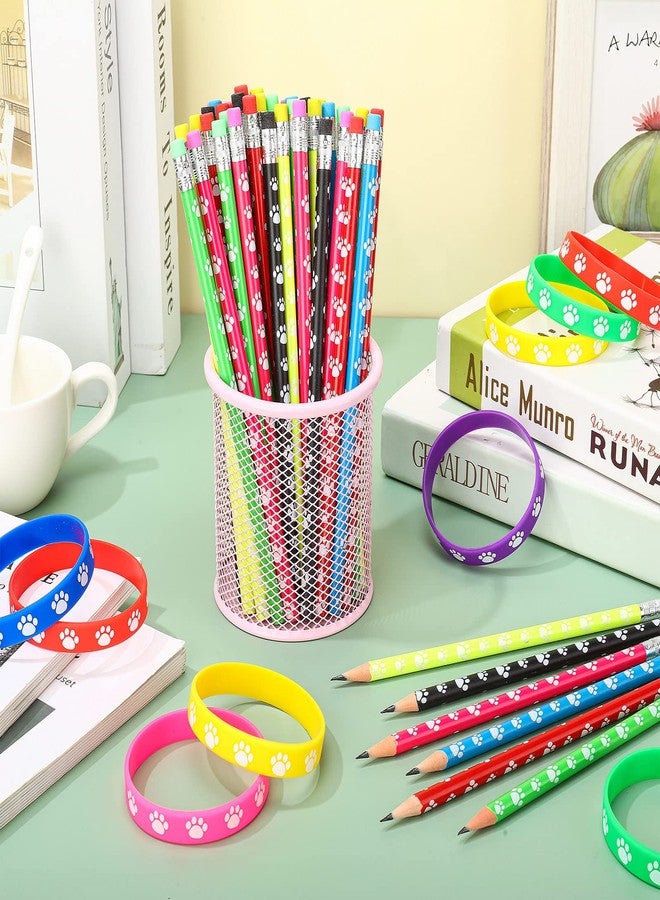 Harloon 240 Pcs Paw Print Rubber Bracelets Pencil Sets Back to School Gifts Bulk Multicolor Silicone Stretch Wristbands Wooden Paw Print Pencil Dog Pencils for Fun School Supplies and Reward Prizes - Image 2