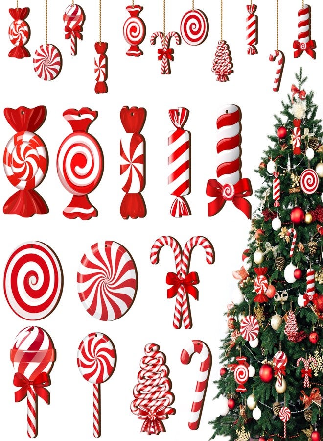 Fayoo Christmas Candy Lollipop Ornaments Set, 24Pcs Double-Sided Printing Christmas Ornament for Xmas Tree Decoration Wooden Hanging Peppermint Candy Cane Ball Pendants for New Year Home Decor (Red White) - Image 1