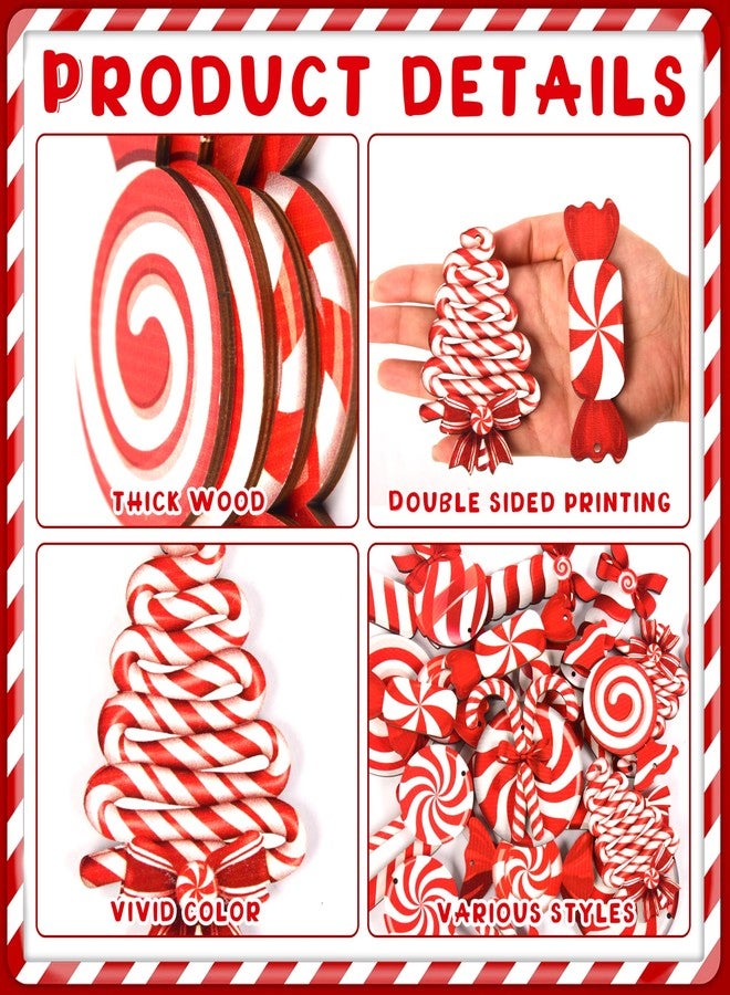 Fayoo Christmas Candy Lollipop Ornaments Set, 24Pcs Double-Sided Printing Christmas Ornament for Xmas Tree Decoration Wooden Hanging Peppermint Candy Cane Ball Pendants for New Year Home Decor (Red White) - Image 3