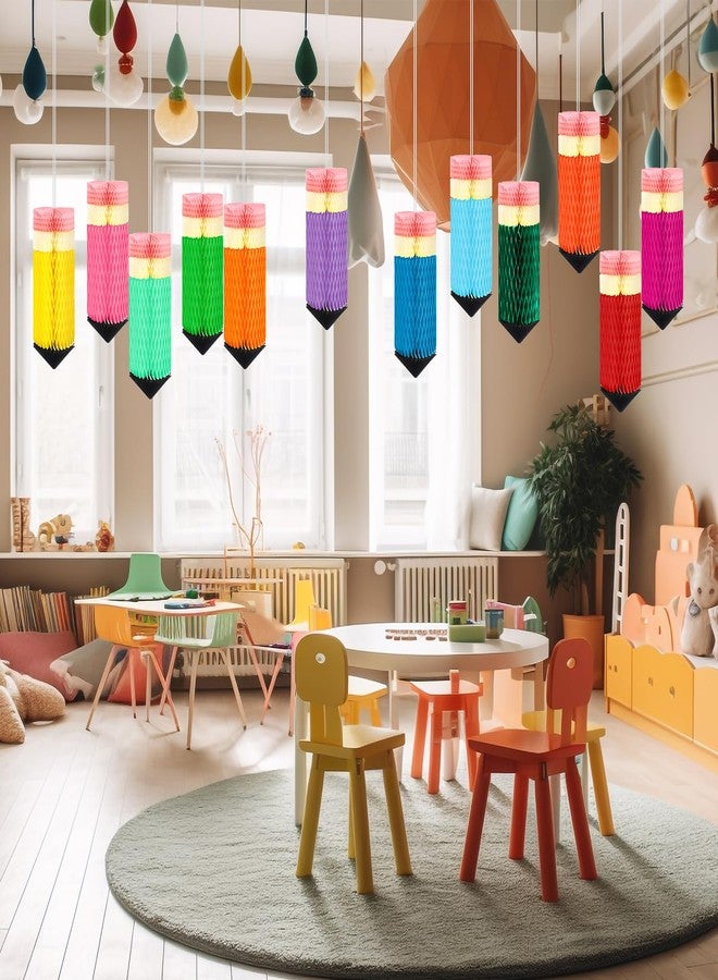 COCHIE 12 Pcs Pencil Hanging Honeycombs Classroom Decor - Back to School Ceiling Decorations, First Day of School Party Supplies, Colorful Tissue Paper Honeycomb Decor for Teachers, Homeschool (A) - Image 4