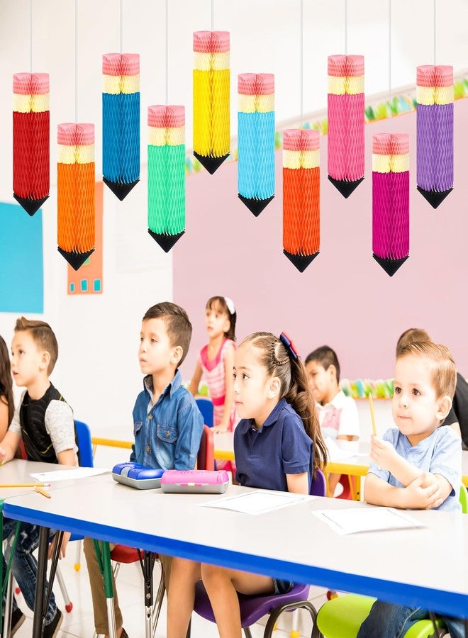 COCHIE 12 Pcs Pencil Hanging Honeycombs Classroom Decor - Back to School Ceiling Decorations, First Day of School Party Supplies, Colorful Tissue Paper Honeycomb Decor for Teachers, Homeschool (A) - Image 3
