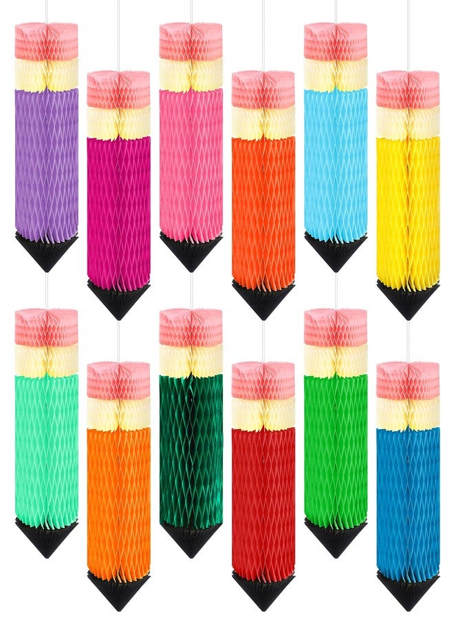 COCHIE 12 Pcs Pencil Hanging Honeycombs Classroom Decor - Back to School Ceiling Decorations, First Day of School Party Supplies, Colorful Tissue Paper Honeycomb Decor for Teachers, Homeschool (A) - Image 1