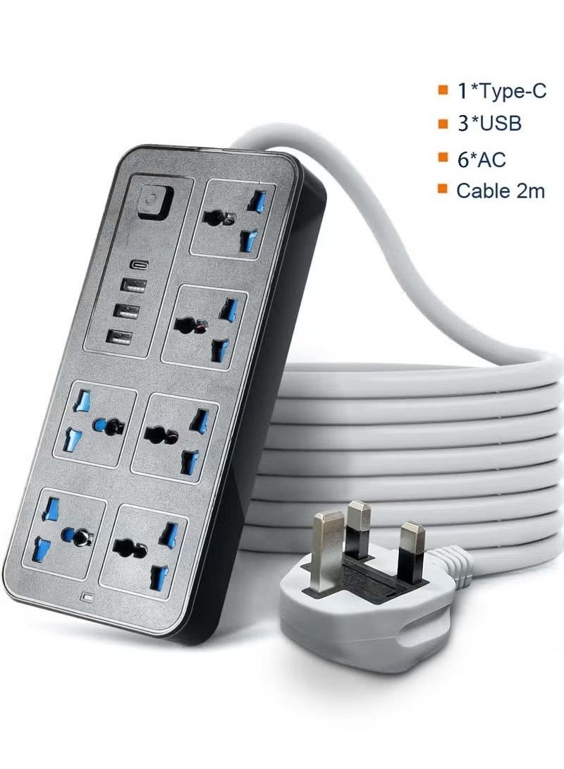 كابل تمديد طاقة عالمي USB C بطول 3 متر، شريط طاقة مع 6 مآخذ طاقة و 3 فتحات USB