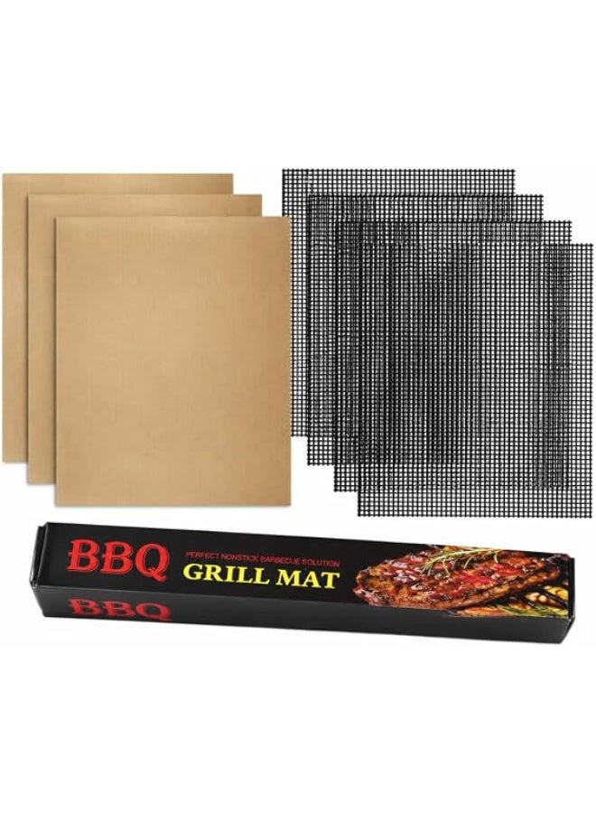 Reusable BBQ Mat Set, 6 pieces, includes 3 solid PTFE mats and 3 mesh BBQ pads, heat resistant and non-stick, suitable for use in gas, charcoal, electric ovens and chimneys, for indoor and outdoor use. - Image 1