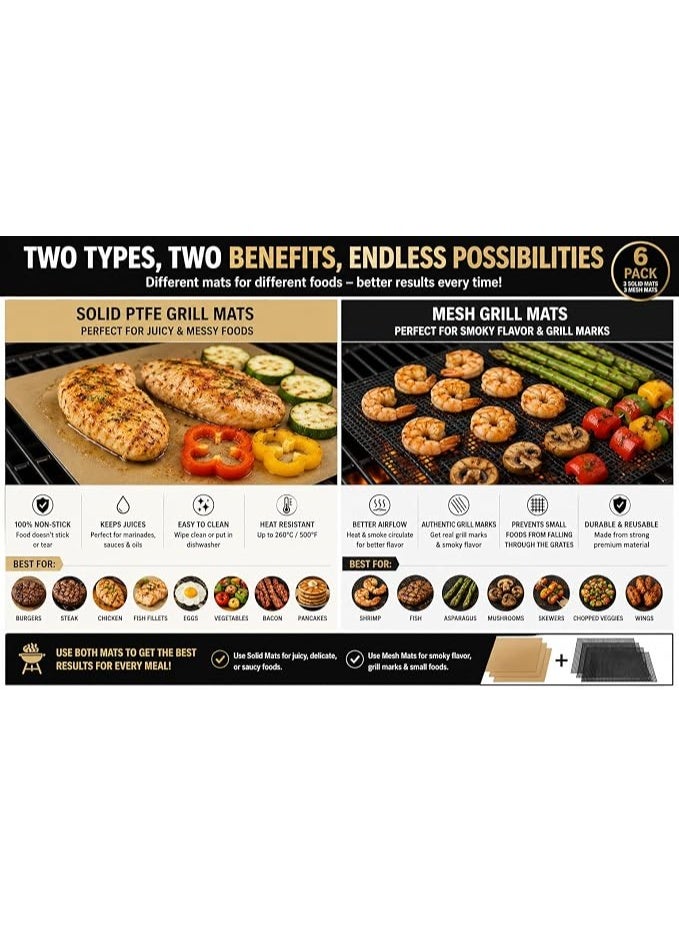Reusable BBQ Mat Set, 6 pieces, includes 3 solid PTFE mats and 3 mesh BBQ pads, heat resistant and non-stick, suitable for use in gas, charcoal, electric ovens and chimneys, for indoor and outdoor use. - Image 4