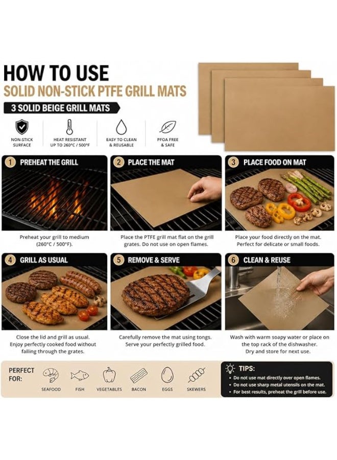 Reusable BBQ Mat Set, 6 pieces, includes 3 solid PTFE mats and 3 mesh BBQ pads, heat resistant and non-stick, suitable for use in gas, charcoal, electric ovens and chimneys, for indoor and outdoor use. - Image 3