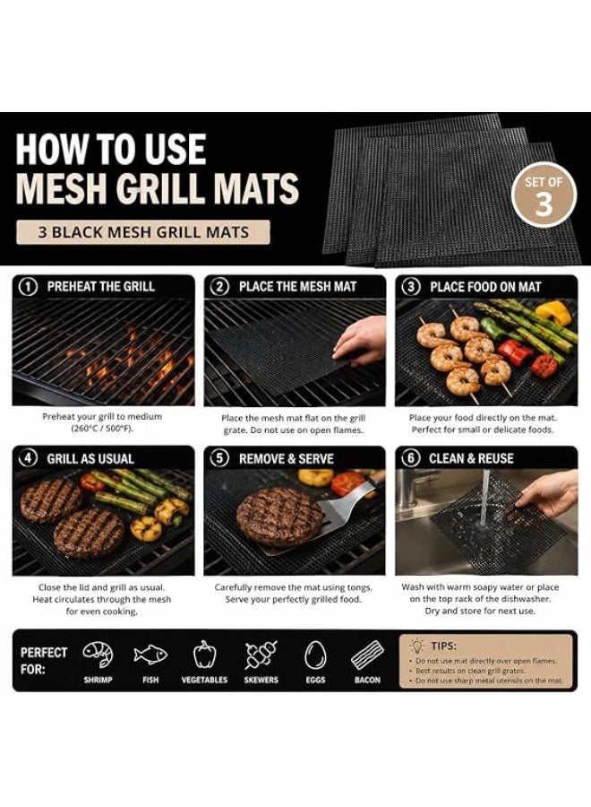 Reusable BBQ Mat Set, 6 pieces, includes 3 solid PTFE mats and 3 mesh BBQ pads, heat resistant and non-stick, suitable for use in gas, charcoal, electric ovens and chimneys, for indoor and outdoor use. - Image 2