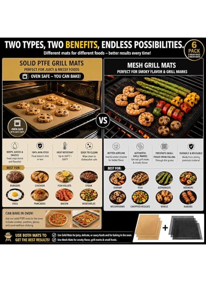 Reusable BBQ Mat Set, 6 pieces, includes 3 solid PTFE mats and 3 mesh BBQ pads, heat resistant and non-stick, suitable for use in gas, charcoal, electric ovens and chimneys, for indoor and outdoor use. - Image 5