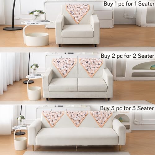 HOKIPO 'HomeHues Series' Printed Quilted Sofa Seat Mat for 3 Seater Sofa with 2 Armrest Covers with Pockets, Light Peach Candytuft (IN-809-D6 + IN-814-D6*2) - Image 3
