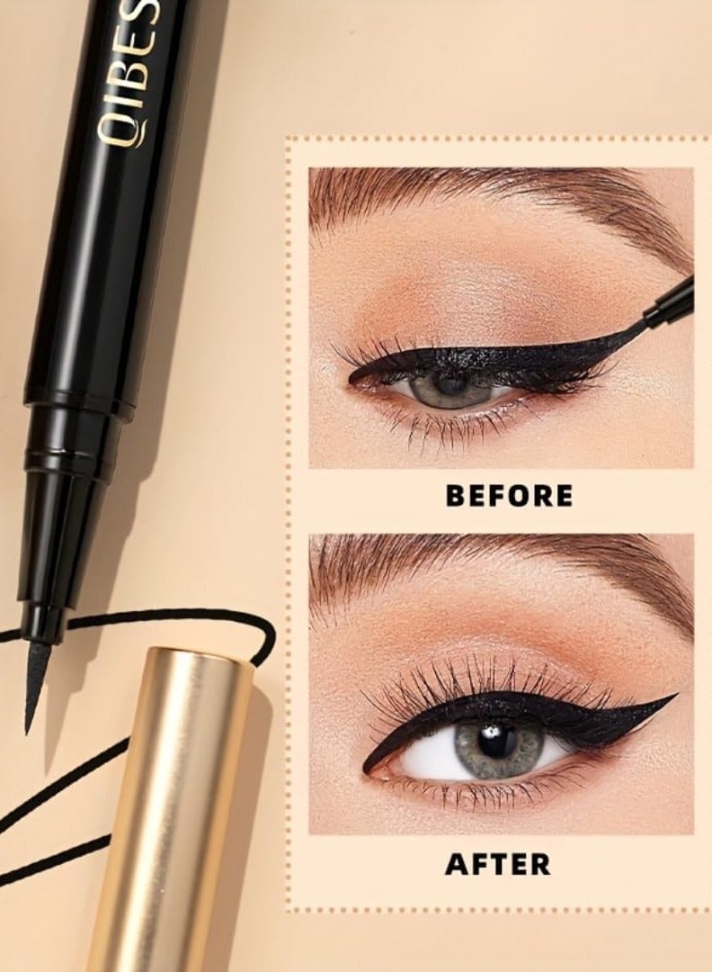 QiBest قلم كحل سائل أسود ناعم و سلس مع صبغات عالية الدقة مقاوم للماء وسريع الجفاف قلم كحل طويل الأمد مقاوم للعرق وغير متلاشي - Image 2