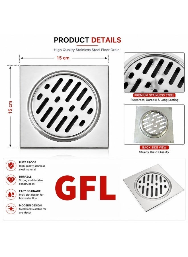 جي أف أل غطاء بالوعة أرضية GFL من الستانلس ستيل مقاس 6×6 بوصة (15×15 سم) – شبكة بالوعة أرضية مربعة مضادة للانسداد للدش مع مصفاة قابلة للإزالة، غطاء صرف أرضية للحمام/المطبخ - Image 4