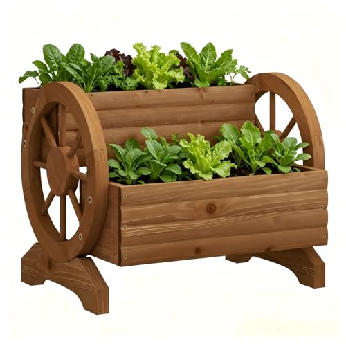 PULIJIAJU Wooden Wagon Planter Flower Cart with Wheels Garden Box Garden Planter, Decorative Planter for Flowers Herbs Vegetables for Indoor & Outdoor Décor Flower Cart for Patio Garden Balcony (Brown) - Image 1