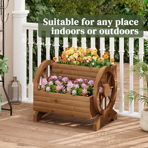 PULIJIAJU Wooden Wagon Planter Flower Cart with Wheels Garden Box Garden Planter, Decorative Planter for Flowers Herbs Vegetables for Indoor & Outdoor Décor Flower Cart for Patio Garden Balcony (Brown) - Image 4