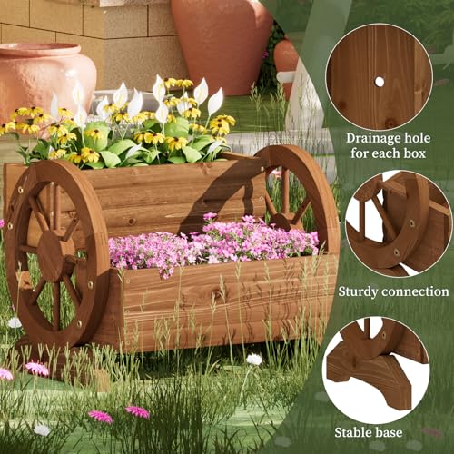 PULIJIAJU Wooden Wagon Planter Flower Cart with Wheels Garden Box Garden Planter, Decorative Planter for Flowers Herbs Vegetables for Indoor & Outdoor Décor Flower Cart for Patio Garden Balcony (Brown) - Image 2