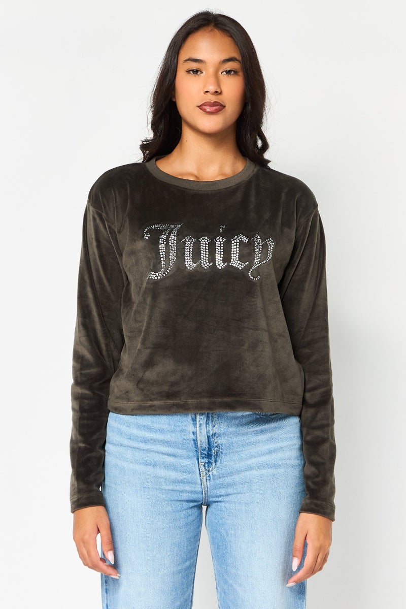 Juicy Couture Women Crew Neck Brand Logo Long Sleeve Sweatshirt, Dark Grey - Image 1