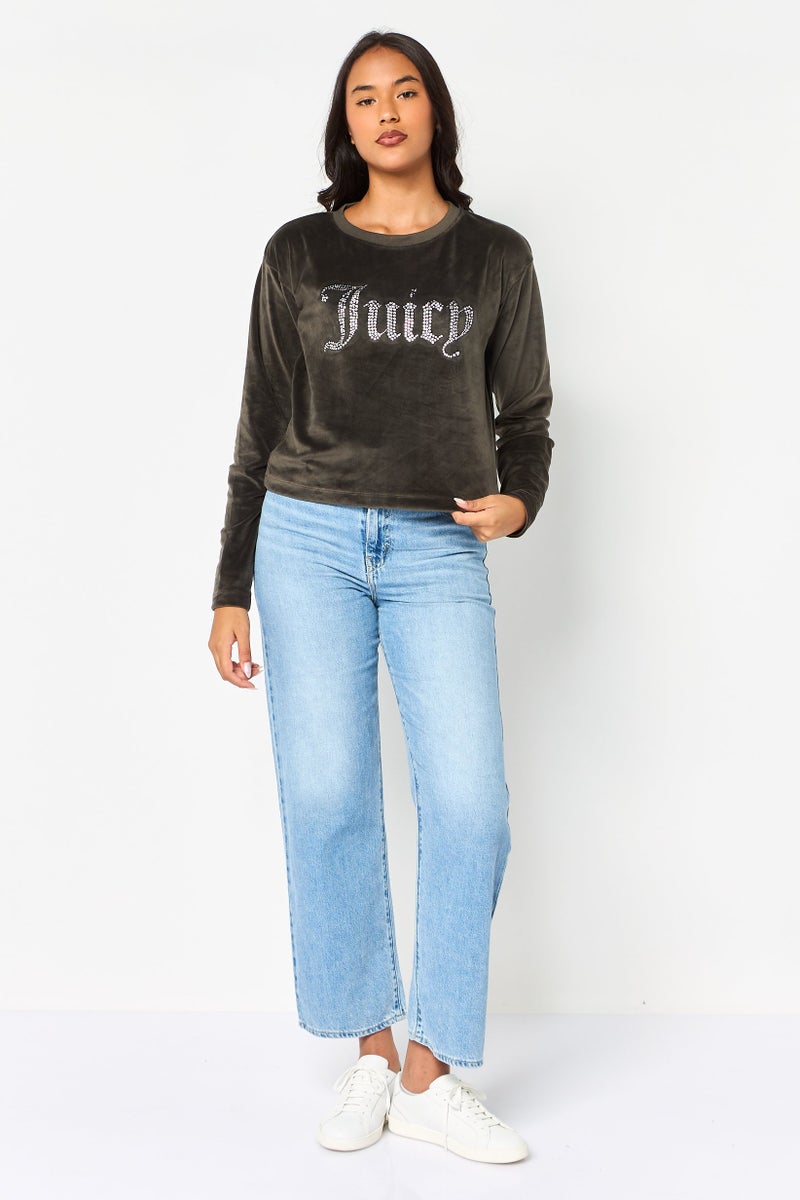 Juicy Couture Women Crew Neck Brand Logo Long Sleeve Sweatshirt, Dark Grey - Image 2