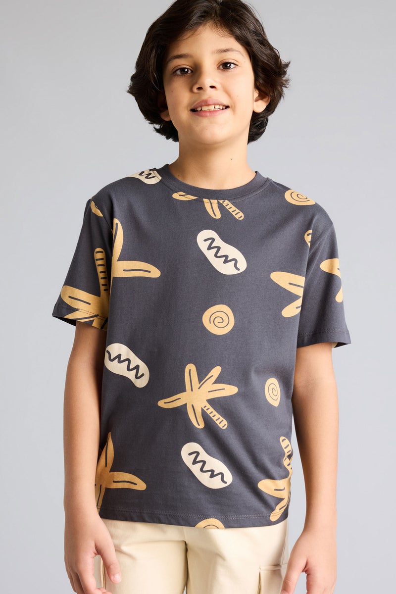 DeFacto Grey Boy Boy New Regular Fit Crew Neck Floral T-Shirt Casual - Image 1