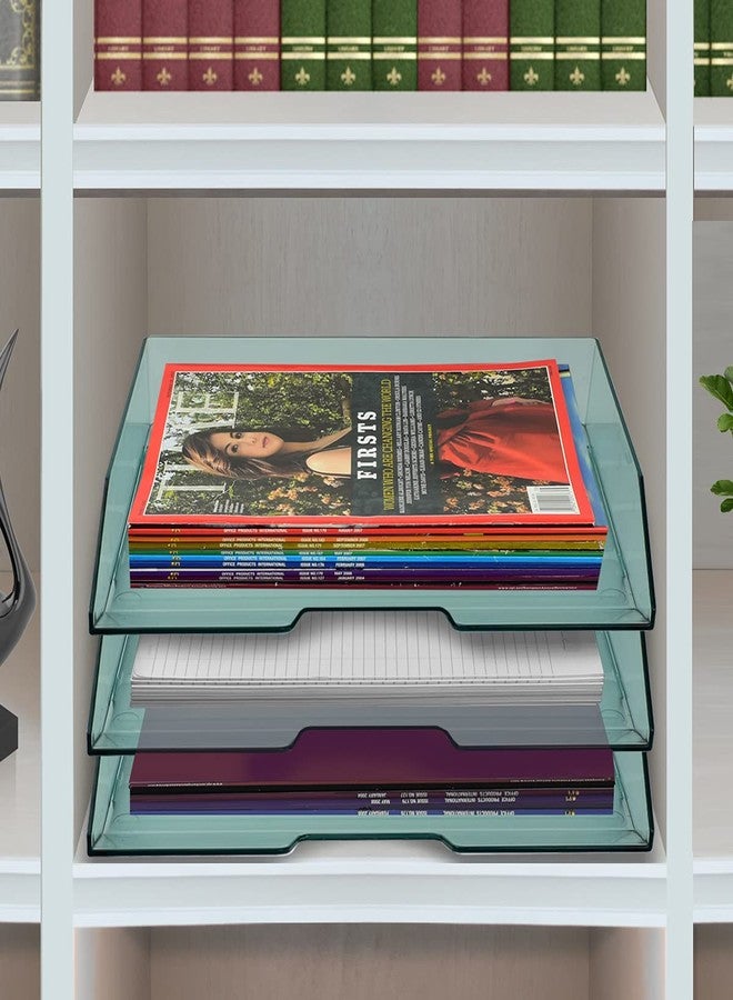 Acrimet 3 Tier Paper Organizer Letter Tray - Plastic Stackable Desk File Organizer, Side Load Paper Sorter for Letter/A4 Office File Folder Holder - Clear Green - Image 3