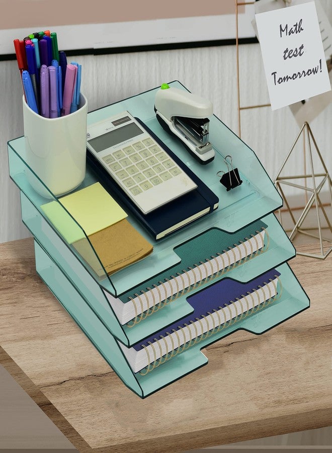 Acrimet 3 Tier Paper Organizer Letter Tray - Plastic Stackable Desk File Organizer, Side Load Paper Sorter for Letter/A4 Office File Folder Holder - Clear Green - Image 2