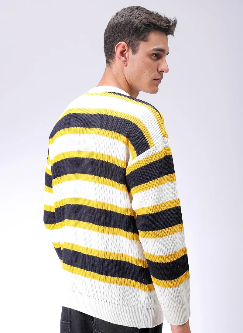 The Indian Garage Co Men Oversized Striped Crew Neck Sweater