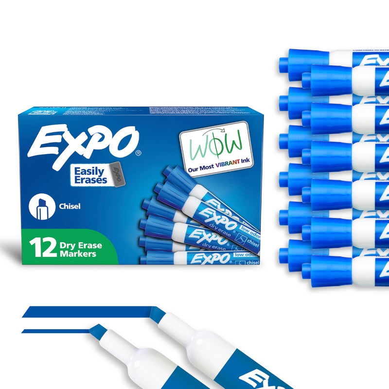 EXPO Low Odor Dry Erase Markers, Chisel Tip, Blue, 12 Count - Image 1