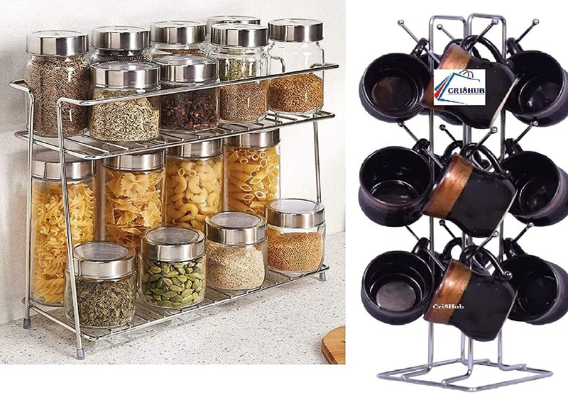 Cri8Hub TheTrust Store Cri8Hub Stainless Steel 2-Layer Corner Storage Rack and Spice Container with Big Size Stainless Steel V Shape Cup Stand-12 Hooks(Standard) - Image 1
