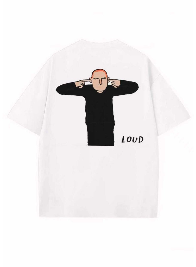 Unisex Casual Crew Neck Short Sleeve T-Shirt with Quirky "LOUD" Graphic Print - White - Image 1