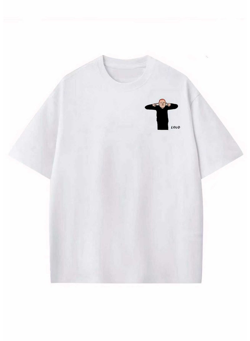 Unisex Casual Crew Neck Short Sleeve T-Shirt with Quirky "LOUD" Graphic Print - White - Image 3
