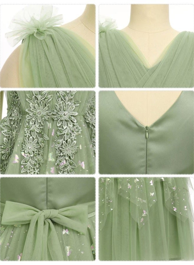 IBAKOM Flower Girl Formal Wedding Dress Sparkly Butterfly Junior Bridesmaid Pageant Outfit Princess First Communion Prom Gown, Green, 5-6 Years - Image 3