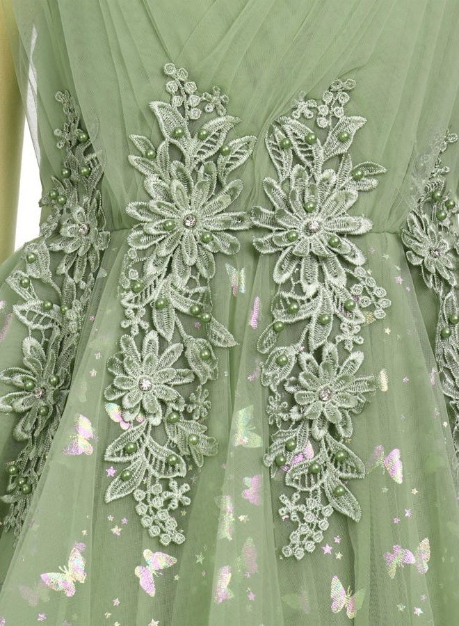 IBAKOM Flower Girl Formal Wedding Dress Sparkly Butterfly Junior Bridesmaid Pageant Outfit Princess First Communion Prom Gown, Green, 5-6 Years - Image 2