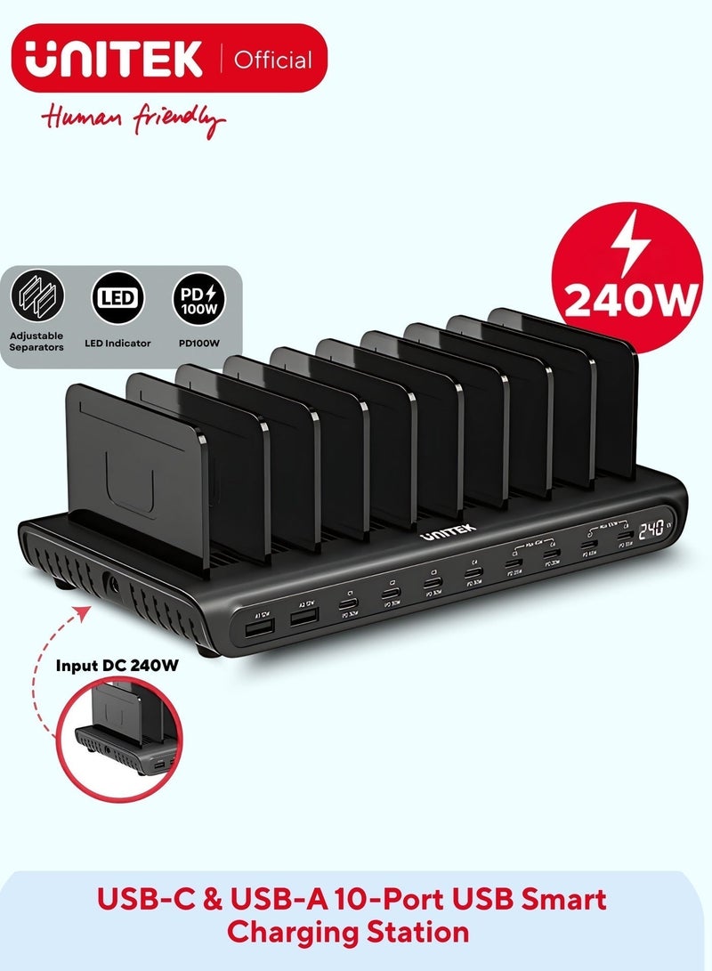 UNITEK محطة شحن USB-C بقوة 240 واط مع 8 منافذ USB-C و 2 منفذ USB-A، شحن سريع، قابس المملكة المتحدة - Image 1