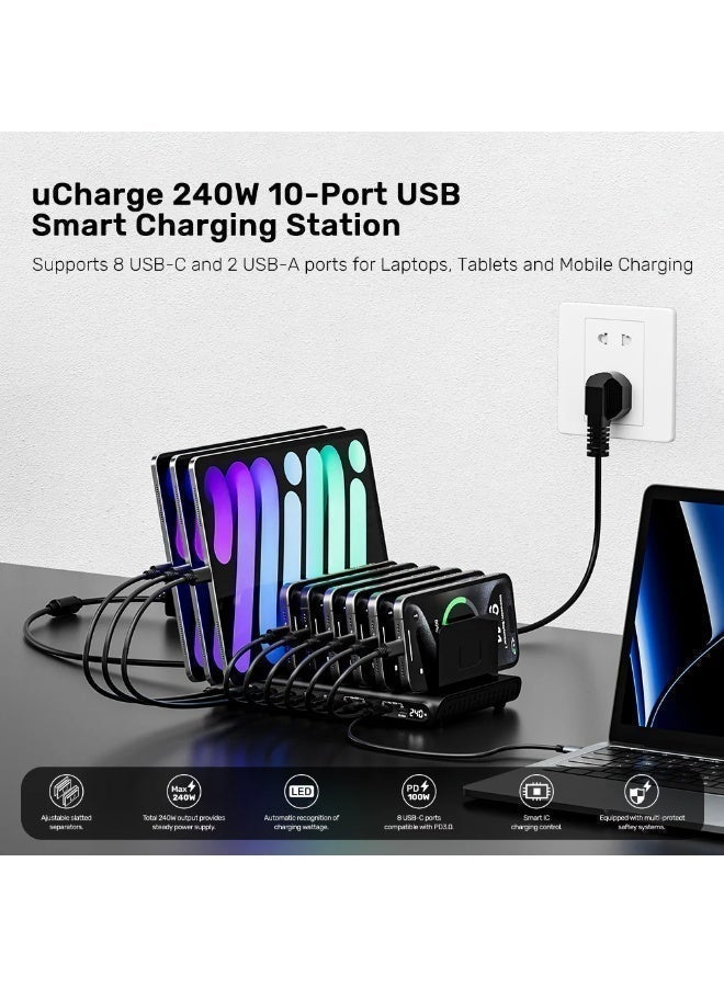 UNITEK محطة شحن USB-C بقوة 240 واط مع 8 منافذ USB-C و 2 منفذ USB-A، شحن سريع، قابس المملكة المتحدة - Image 2