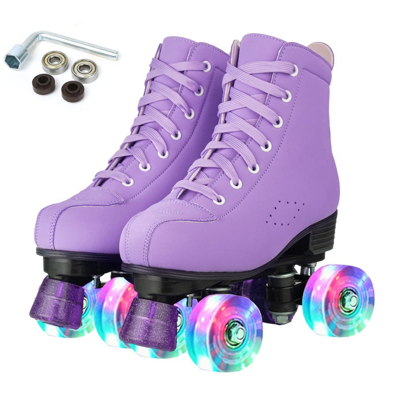 XUDREZ XUDREZ Women Roller Skates High Top Shoes Double Row Shiny Roller Derby Skates Four Wheel Unisex PU Classic Skates for Girl Beginner Indoor Outdoor (Purple flashing wheel,EUR34-UK3) - Image 1