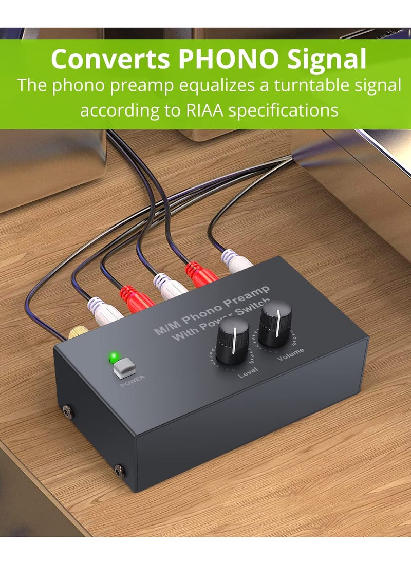 Excefore - Compact Phono Preamplifier for MM Turntable, Preamp with Volume Control and Power Switch, RCA Input to RCA and 1/4'' TRS Output, Low Noise with DC 12V Certified Power Adapter - Image 1