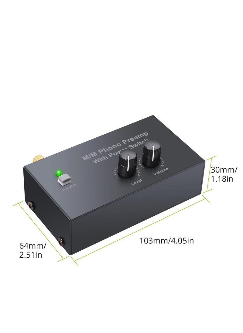Excefore - Compact Phono Preamplifier for MM Turntable, Preamp with Volume Control and Power Switch, RCA Input to RCA and 1/4'' TRS Output, Low Noise with DC 12V Certified Power Adapter - Image 1