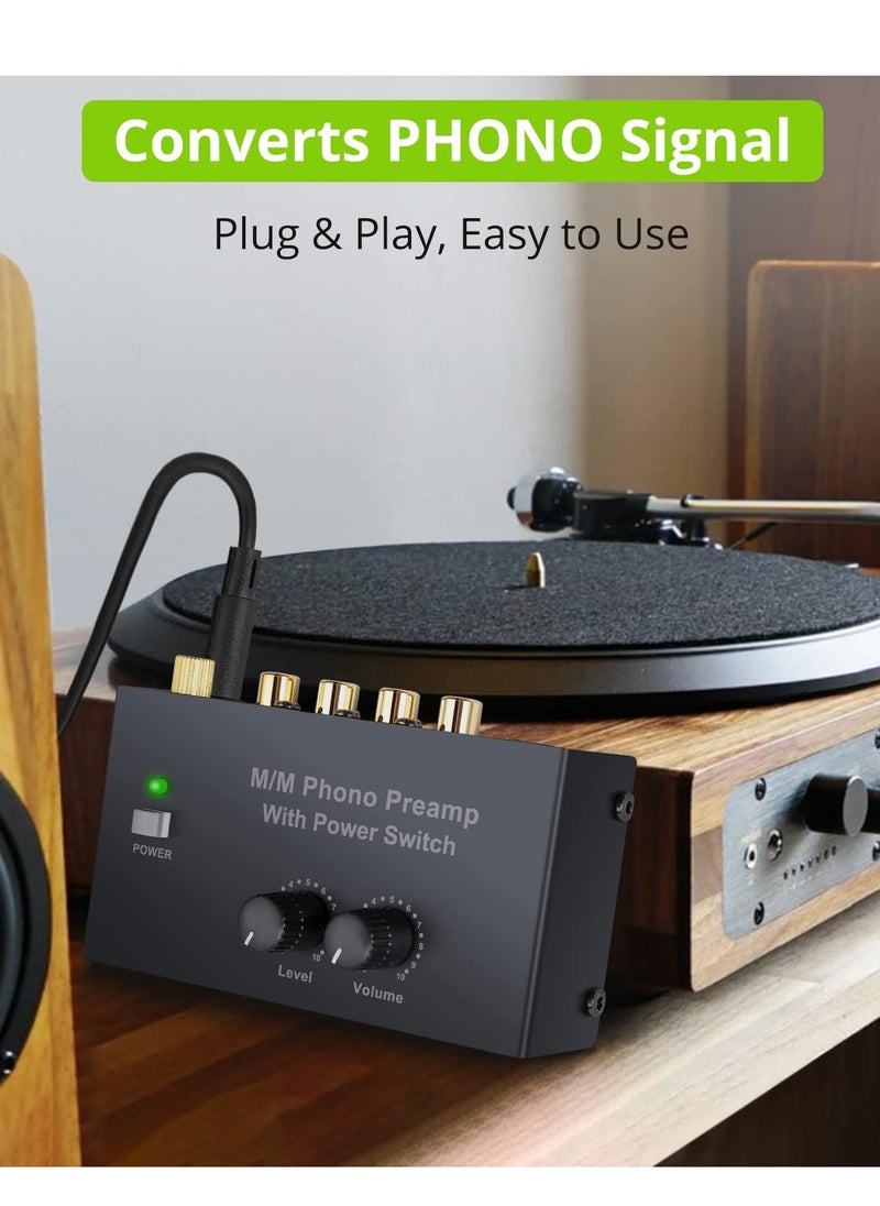 Excefore - Compact Phono Preamplifier for MM Turntable, Preamp with Volume Control and Power Switch, RCA Input to RCA and 1/4'' TRS Output, Low Noise with DC 12V Certified Power Adapter - Image 1