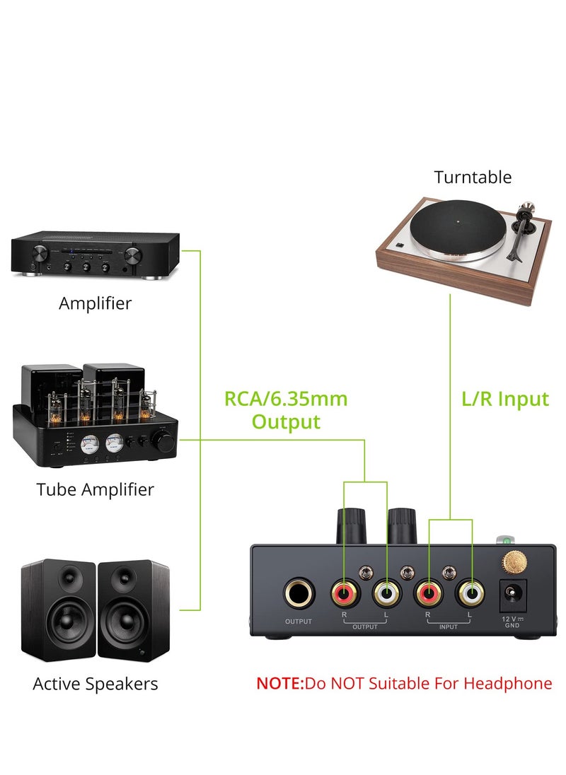 Excefore - Compact Phono Preamplifier for MM Turntable, Preamp with Volume Control and Power Switch, RCA Input to RCA and 1/4'' TRS Output, Low Noise with DC 12V Certified Power Adapter - Image 1