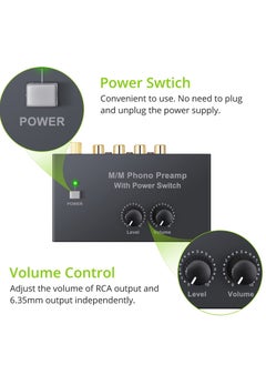Excefore Compact Phono Preamplifier for MM Turntable, Preamp with Volume Control and Power Switch, RCA Input to RCA and 1/4'' TRS Output, Low Noise with DC 12V Certified Power Adapter  - Image 2