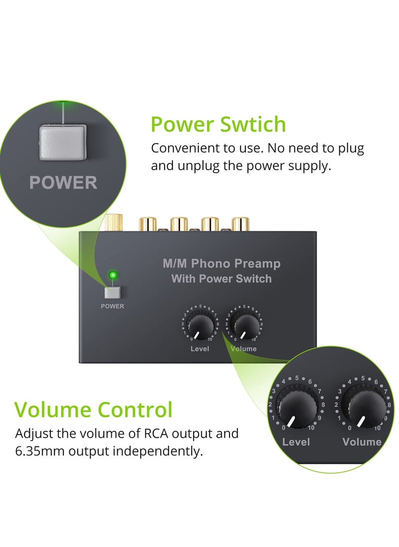 Excefore - Compact Phono Preamplifier for MM Turntable, Preamp with Volume Control and Power Switch, RCA Input to RCA and 1/4'' TRS Output, Low Noise with DC 12V Certified Power Adapter - Image 1