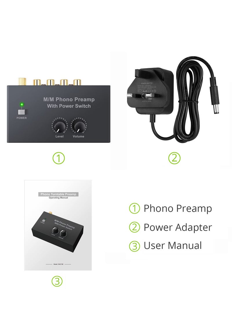 Excefore - Compact Phono Preamplifier for MM Turntable, Preamp with Volume Control and Power Switch, RCA Input to RCA and 1/4'' TRS Output, Low Noise with DC 12V Certified Power Adapter - Image 1