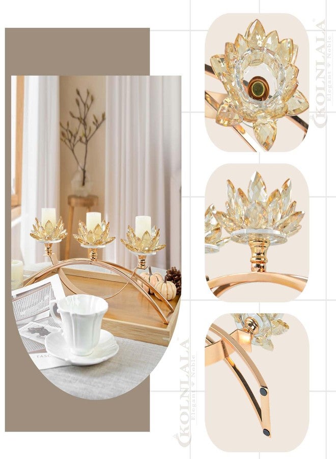 kolnlala Tabletop Flower Crystal Candelabra with 3arm,Decorative Crystal Lotus Flower Candle Holder,Table Décor for Pillar candle1.5''(Gold) - Image 5