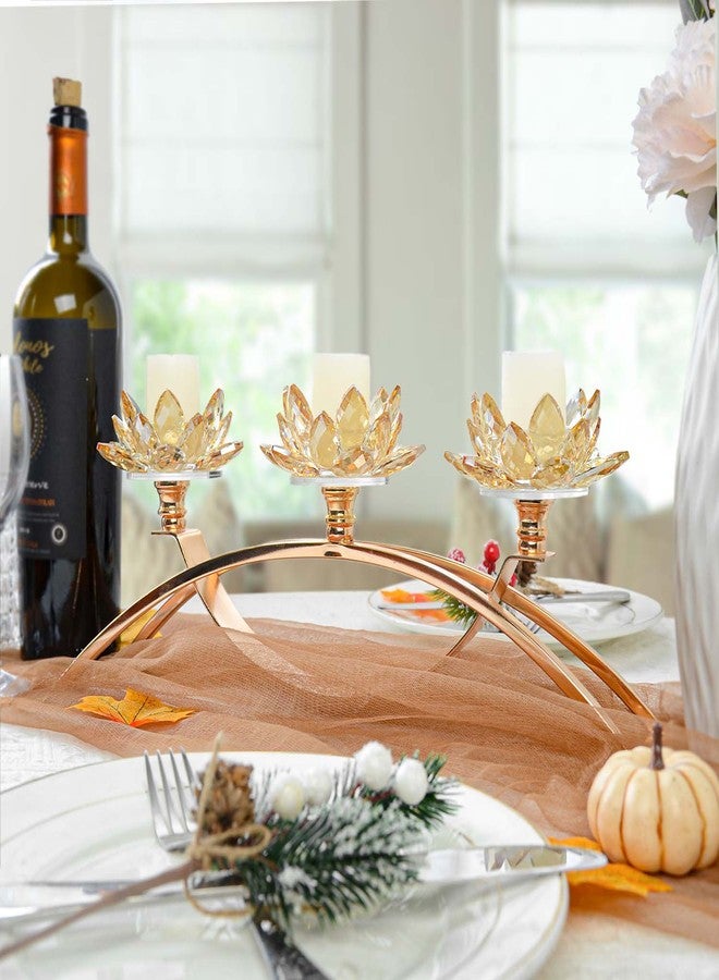 kolnlala Tabletop Flower Crystal Candelabra with 3arm,Decorative Crystal Lotus Flower Candle Holder,Table Décor for Pillar candle1.5''(Gold) - Image 4