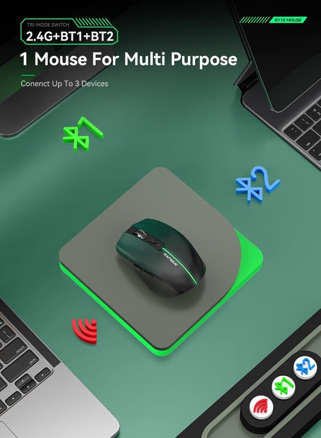 RAPIQUE Bluetooth Wireless Mouse - Bluetooth 5.1 & 2.4G Dual Connectivity, Rechargeable USB-C, Silent Click, Ergonomic 6-Button for Windows/macOS/Android/iOS/Laptop/MacBook(Green-to-Black) - Image 3