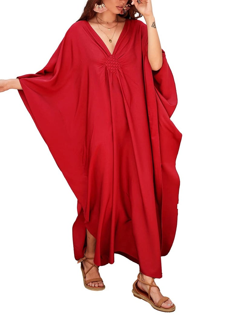Bsubseach Women Casual Kaftan Dress Batwing Sleeve Plus Size Swimsuit Cover Up Maxi Caftan Dresses Red - Image 1
