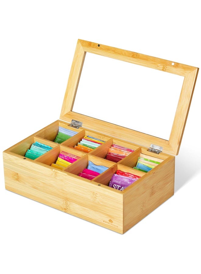 Big Natural Bamboo Tea Storage Organizer with Clear Acrylic Top Window, 8 Compartments Eco-Friendly Tea Bag Holder, Multi-Functional Storage Box - Image 1