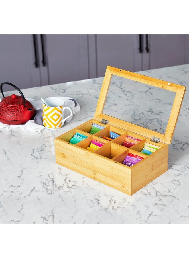 Big Natural Bamboo Tea Storage Organizer with Clear Acrylic Top Window, 8 Compartments Eco-Friendly Tea Bag Holder, Multi-Functional Storage Box - Image 5