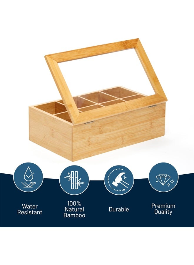 Big Natural Bamboo Tea Storage Organizer with Clear Acrylic Top Window, 8 Compartments Eco-Friendly Tea Bag Holder, Multi-Functional Storage Box - Image 2