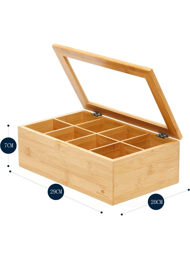 Big Natural Bamboo Tea Storage Organizer with Clear Acrylic Top Window, 8 Compartments Eco-Friendly Tea Bag Holder, Multi-Functional Storage Box - Image 3