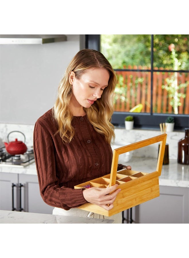 Big Natural Bamboo Tea Storage Organizer with Clear Acrylic Top Window, 8 Compartments Eco-Friendly Tea Bag Holder, Multi-Functional Storage Box - Image 4